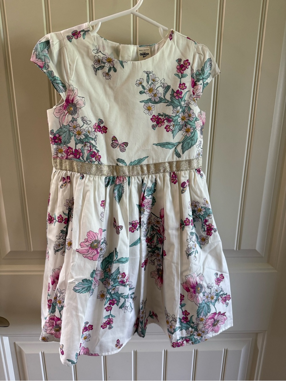 OshKosh B'gosh White Floral Dress with Pink and Green Accents and Gold Waistband